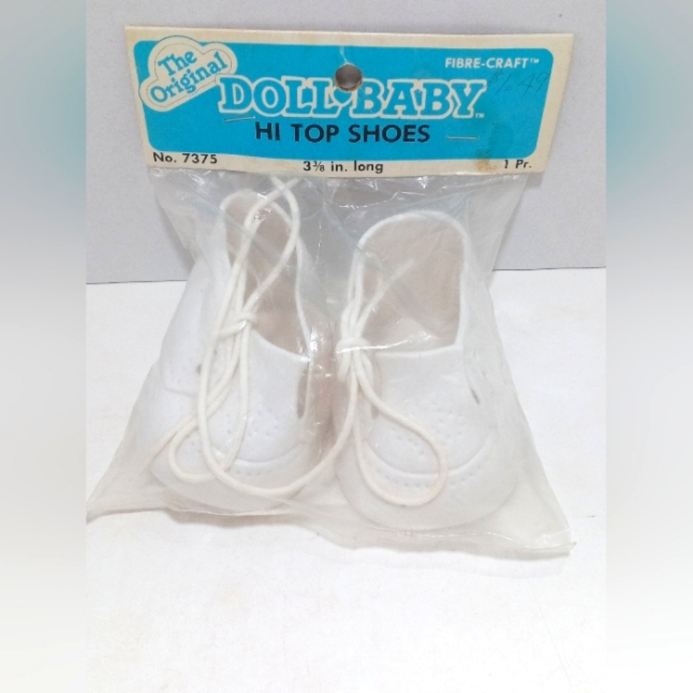 Vintage Fibre Craft Doll Baby Shoes White Hi Top 3 3/8" 1984 New in Package